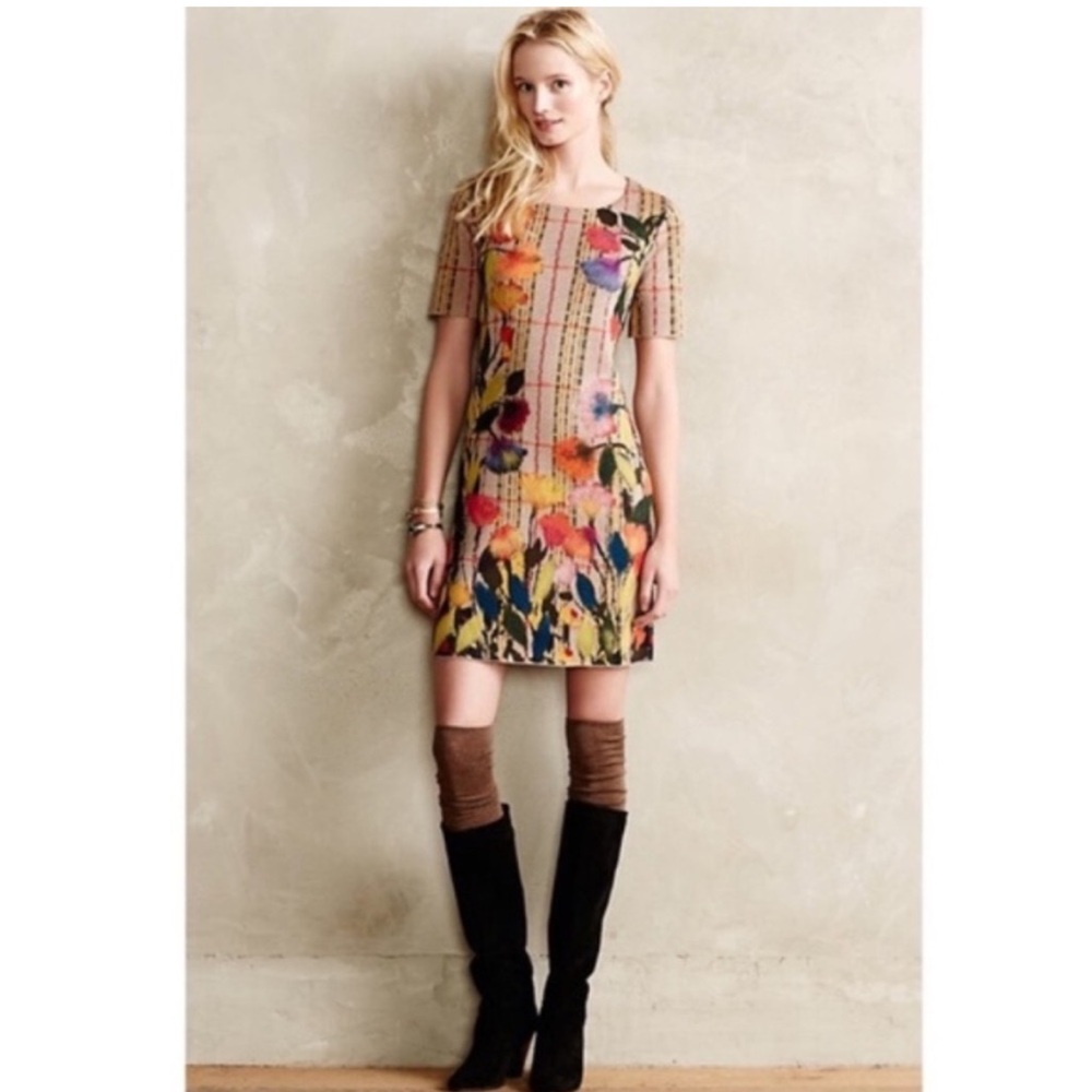 Troubadour Anthropologie Bloomline Knit Shift Dress Plaid Floral Multi Sz Small